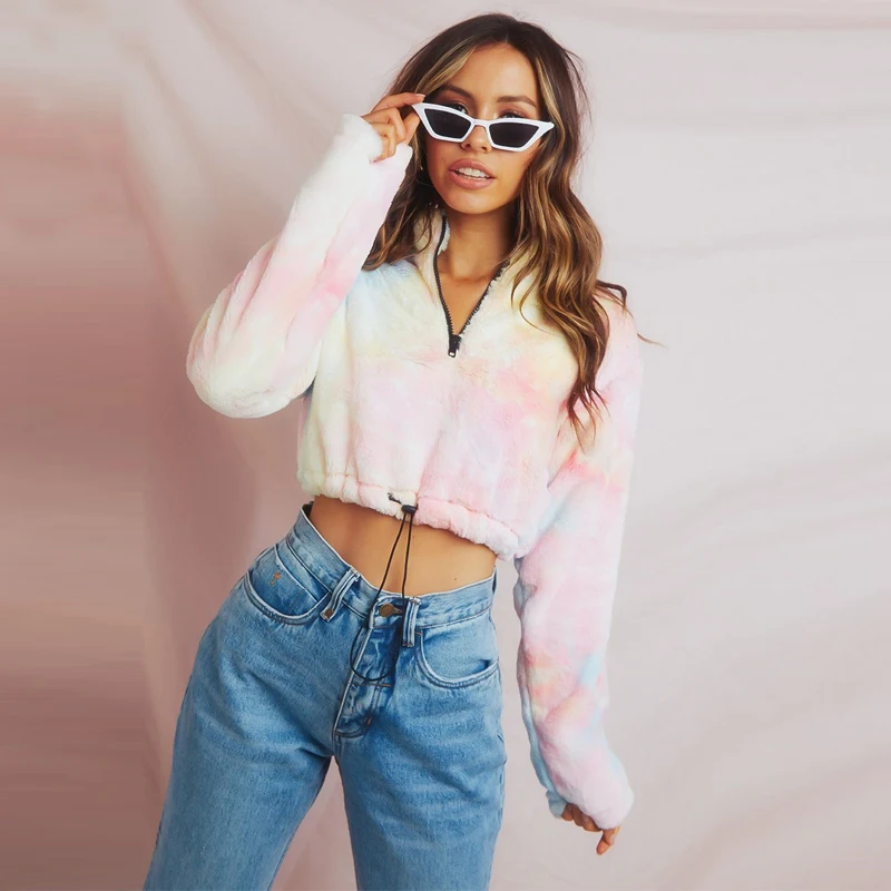 Hugcitar 2019 tie dye long sleeve zipper high neck Faux lambswool crop tops autumn winter women streetwear solid coat jacket