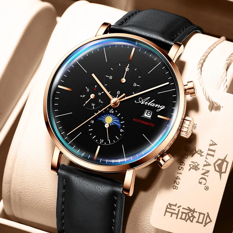 

AILANG New Men Quartz Automatic Mechanical Moon Phase Calendar Week Display Luminous 50M Waterproof Watch Leather Watches 8609B