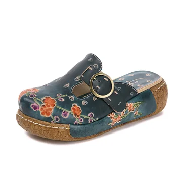

2020 Summer New National Style Plum Totem Slipper Platform Heel Closed-Toe Slippers Thick Non-Slip Shoes Female ZB-0933-12