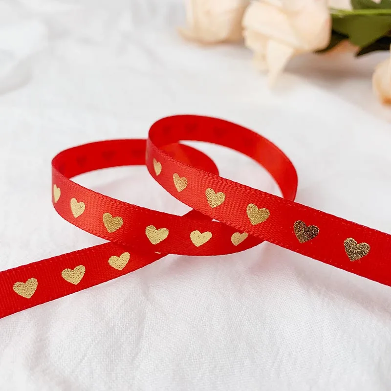 10mm Satin Ribbons Heart Pattern Printed Ribbon 5 Yards for Crafts DIY Bow Handmade Gift Wrap Party Wedding Christmas Decor