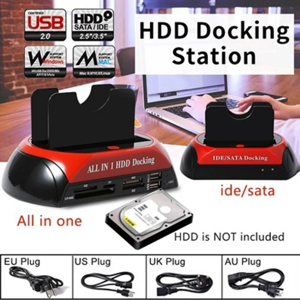 

All in 1 HDD Docking 2.5"/3.5" USB 2.0 Card Reader IDE SATA Dock Station High Speed Transfer One-touch Backup OTB Function