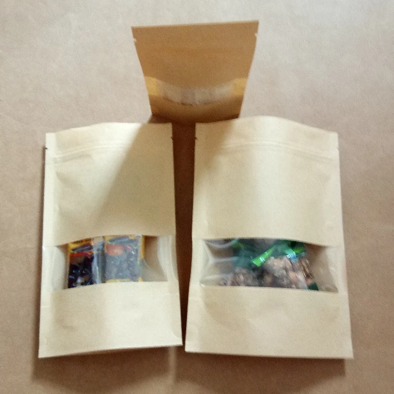 Hot Sale 100Pcs Zipper Kraft Paper Bag Kraft Paper Bag Gift Ziplock Bag with Window Stand Up Bag