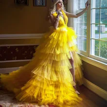 

High Low Side Split Prom Dresses Deep V Neck Backless Ruffles Tier Tulle Skirt Pageant Dress Vestidos De Fiesta Evening Dresses