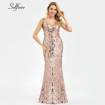 

New Summer Spaghetti Strap Sequined Dress Sexy Mermaid Women Dress Ladies Bodycon Double V Neck Party Dress 2020 Moda Feminina
