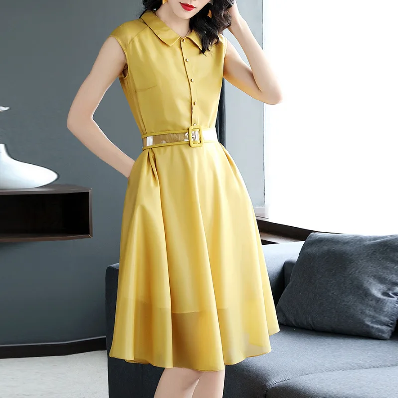 

Europe And America 2020 Spring Summer Wear New Style Slim Fit Shirt Dress Waist Hugging Big Hemline Slimming Mid-length Sleevele