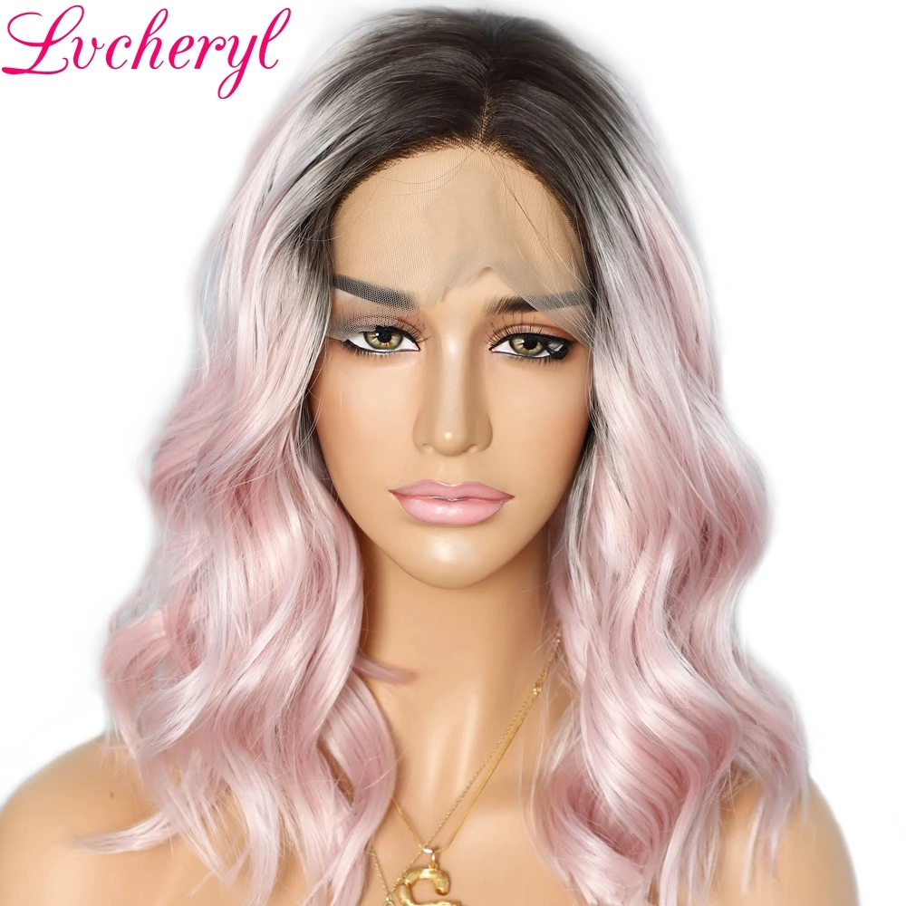 

Lvcheryl Short Wavy Synthetic Lace Front Wigs Dark Roots Ombre Pink Heat Resistant Hair Wigs for Women