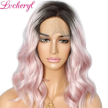 

Lvcheryl Short Wavy Synthetic Lace Front Wigs Dark Roots Ombre Pink Heat Resistant Hair Wigs for Women
