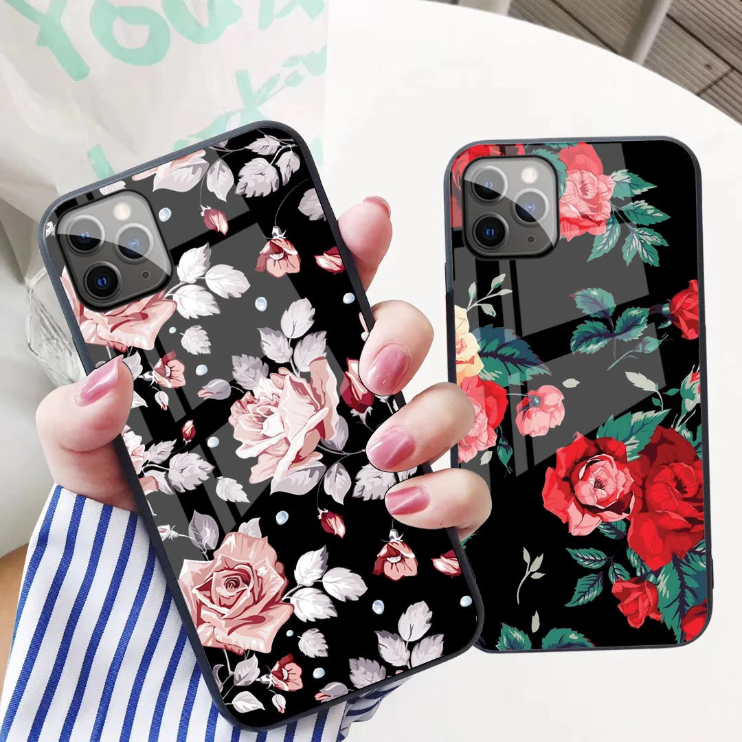 Для iPhone 11 Pro Max XS MAX XR XS i8 i8 Plus i7 i7 Plus защитный чехол из закаленного стекла с цветочными бриллиантами для iPhone 11