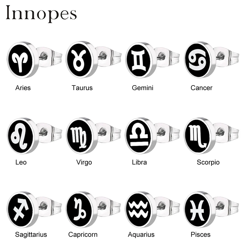 12 Zodiac Sky planet Symbols Stud Earrings Retro Men's Fake Fashion Jewelry Sets of Woman Grunge Accesories | Украшения и
