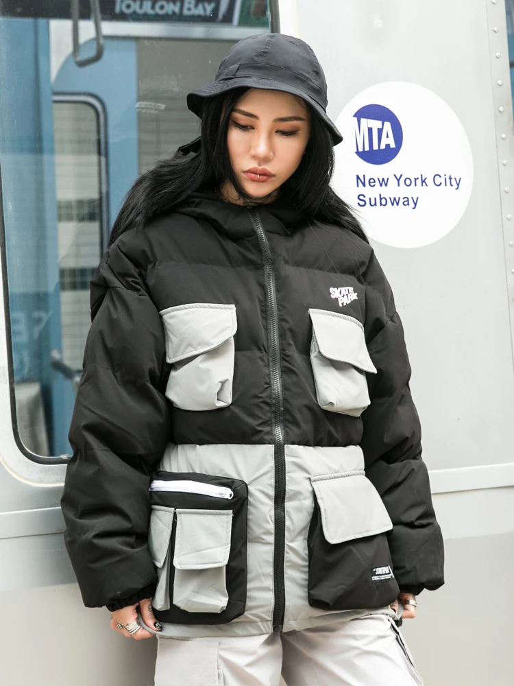 OSCN7 Retro Oversize Contrast Color Padded Jackets Men Japanese Streetwear Loose Casual Women Parkas Jackets Coat 6086