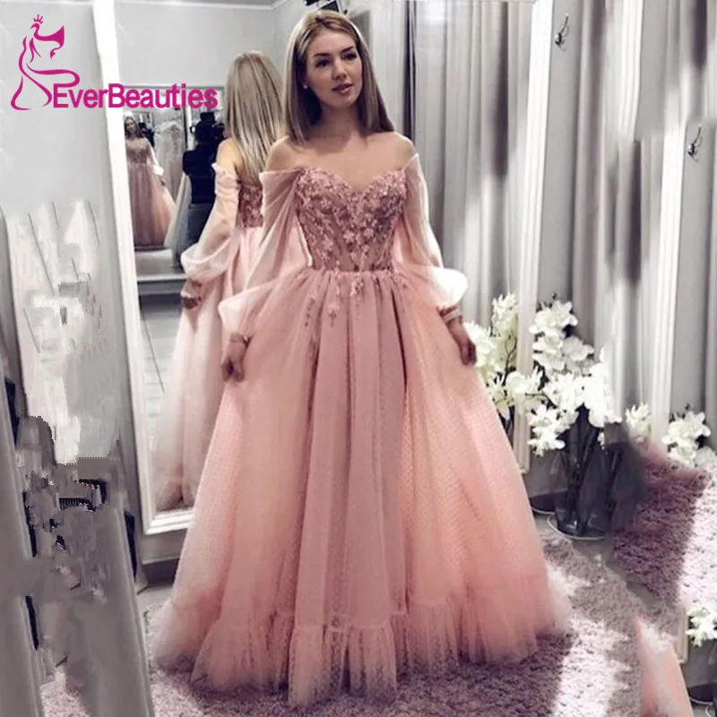 Vestidos De Gala платье для выпускного вечера с открытыми плечами Тюль с длинным рукавом Аппликации Robe De Soiree Дубай вечернее платье