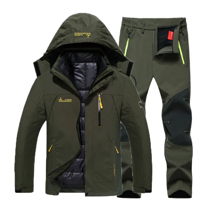 Army Green set Мужские зимние водонепроницаемые рыболовные термо брюки размера плюс походные лыжные альпинистские куртки 3 в 1 комплект 6XL костюм - Цвет: Army Green set