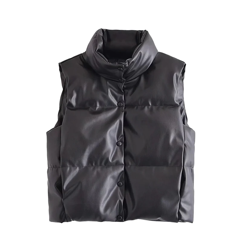 Women 2021 Fashion With Drawstrings Faux Leather Padded Waistcoat