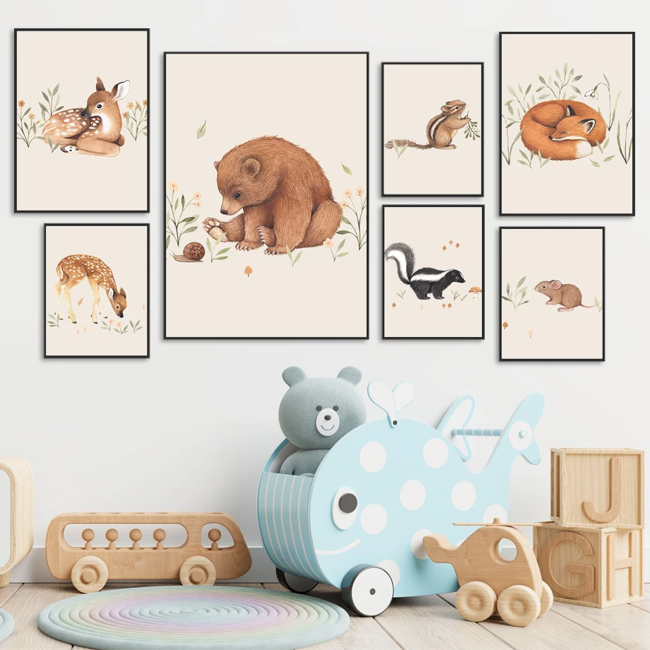 Deer-Rabbit-Squirrel-Bear-Hedgehog-Fox-Mouse-Wall-Art-Canvas-Painting-Nordic-Posters-And-Prints-Wall
