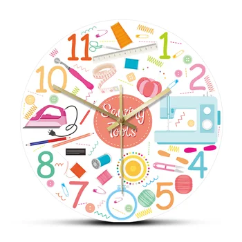 

Sewing Kit Work Tools Icons Set Acrylic Printed Wall Clock Knitting Sewing Craft Stitching Machine Wall Watch Tailor Shop Decor