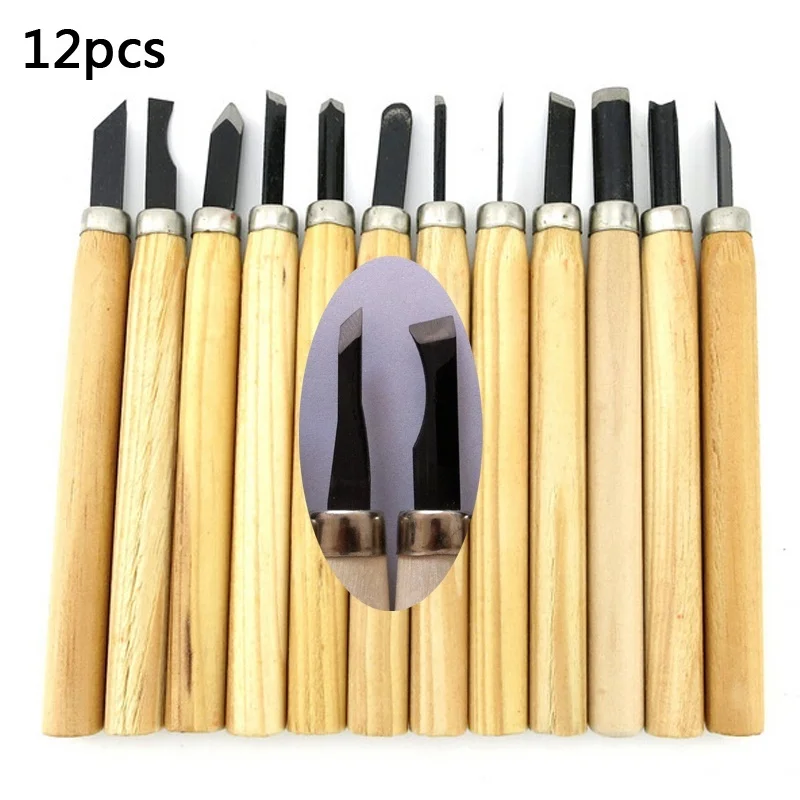 12pcs Manganese steel hand carving knife art supplies woodworking carving knife DIY model wood carving tool set - Цвет: 12pcs