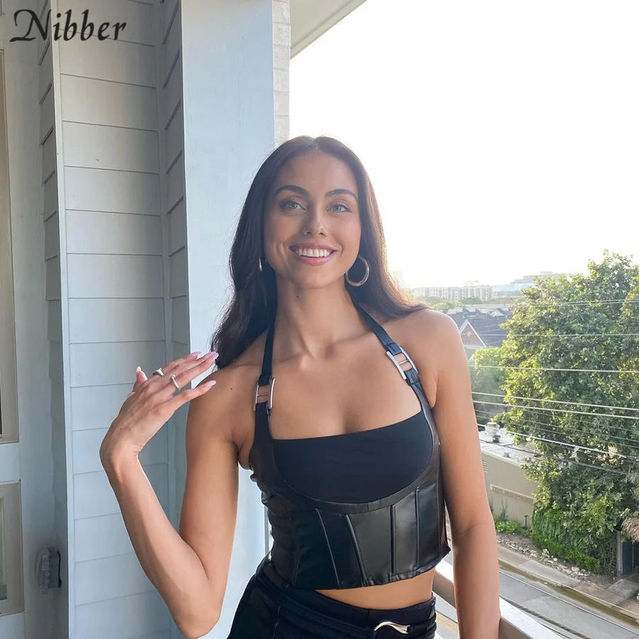 Nibber New Fashion Sexy Sling Top PU Leather Fabric Motorcycle Style Camisole For Women Street Out Clothes Party Night Clubwear