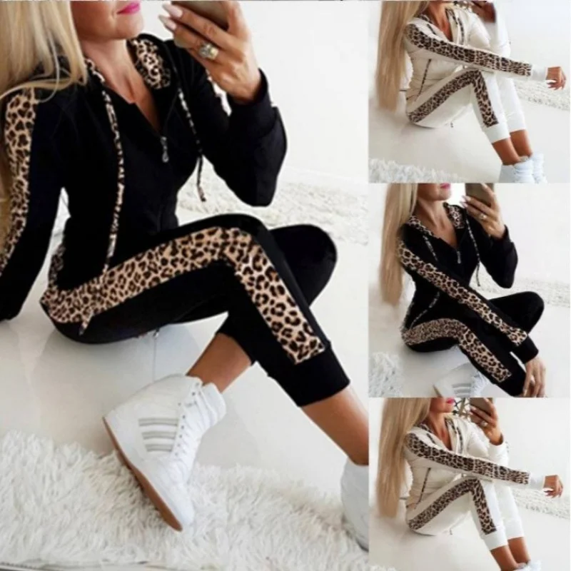Autumn Winter 2021 Leopard Printed Zipper Hoodie Pants Sets Women