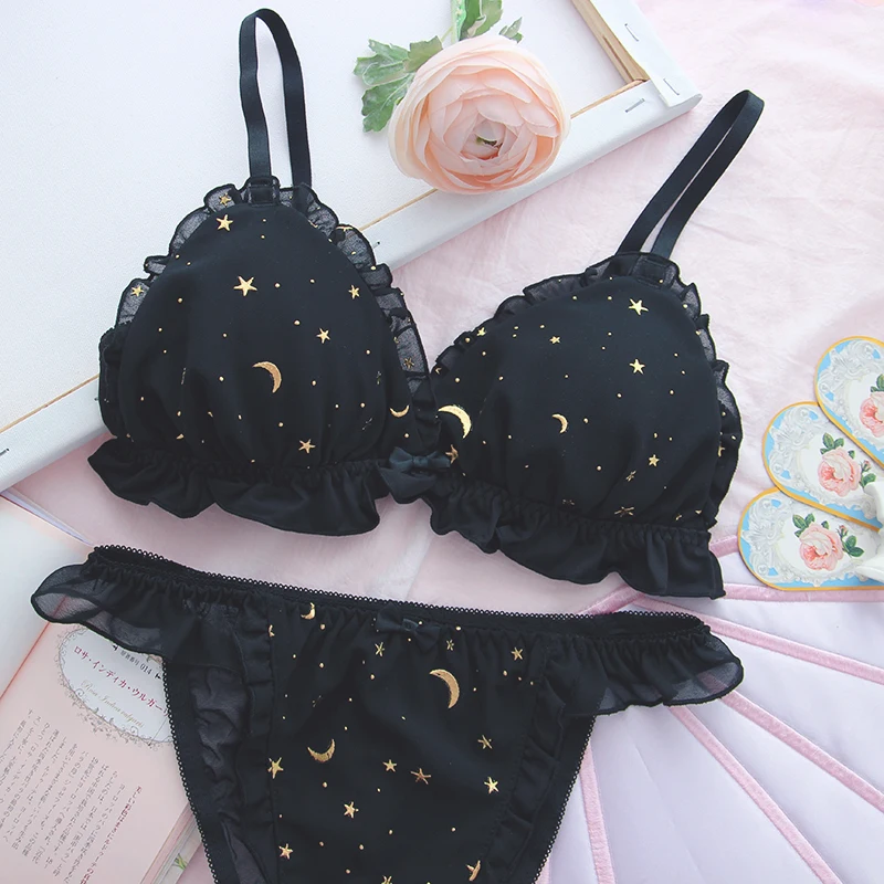 free Sweet girl Japanese student Bra set Triangle cup without steel ring Small chest Lean underwear star moon beautiful