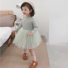 Новое осеннее платье для девочек милое хлопковое Сетчатое платье принцессы детская одежда с круглым вырезом и длинными рукавами LZ133