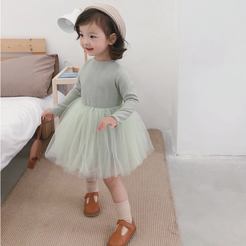 Новое осеннее платье для девочек хлопковое Сетчатое милое принцессы с круглым
