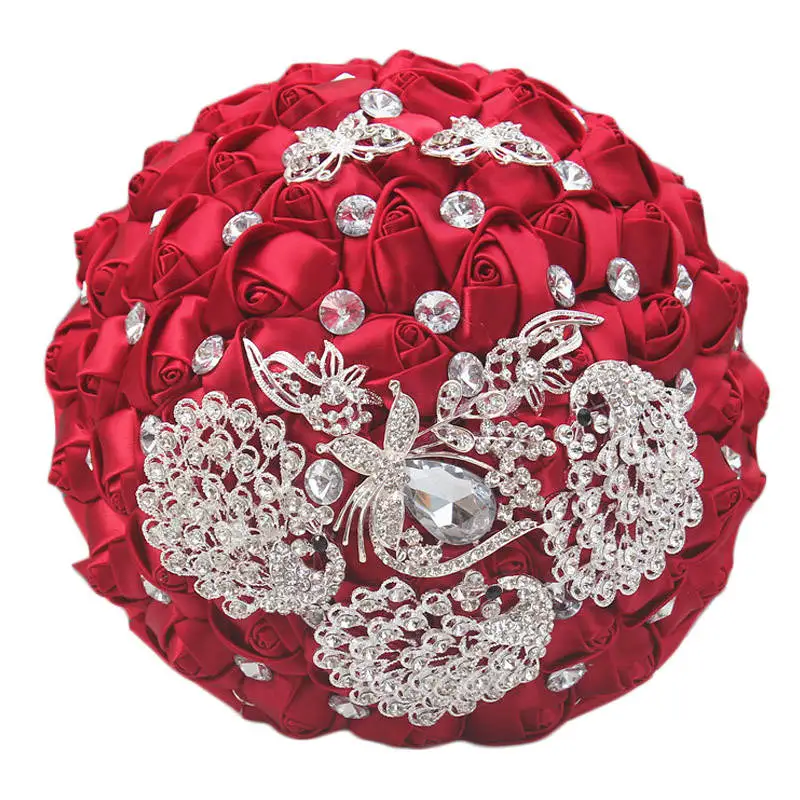 21 см красивый бордовый жемчуг кристалл Искусственные Свадебные цветы букет розы держа цветы букет подружки невесты W290