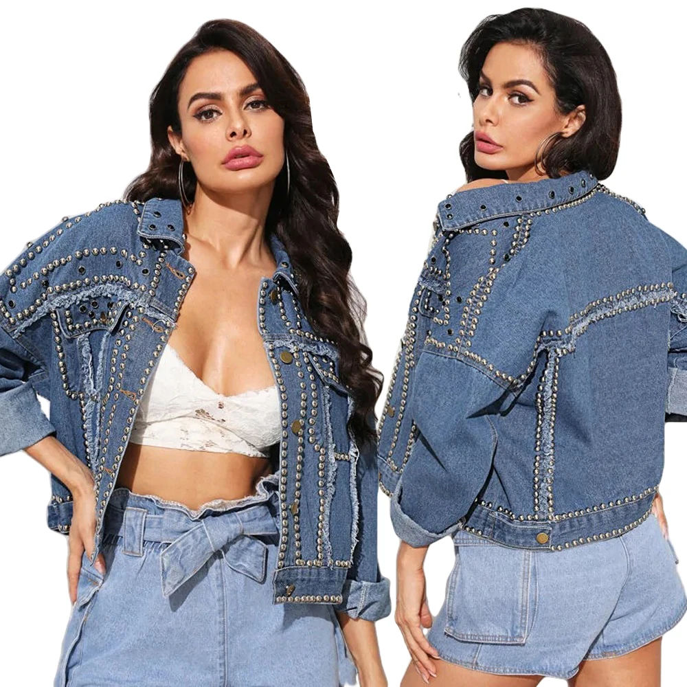 price cut  Fashion Women Denim Coat Heavy Hand Beaded Rivet Short Jeans Jackets Spring Autumn Casual Loose Sin
