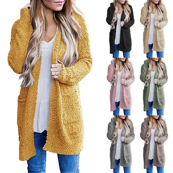 

2019 New Women's Fashion Solid Casual Solid Winter Warm Wool Pockets Cardigan Coat Outwear