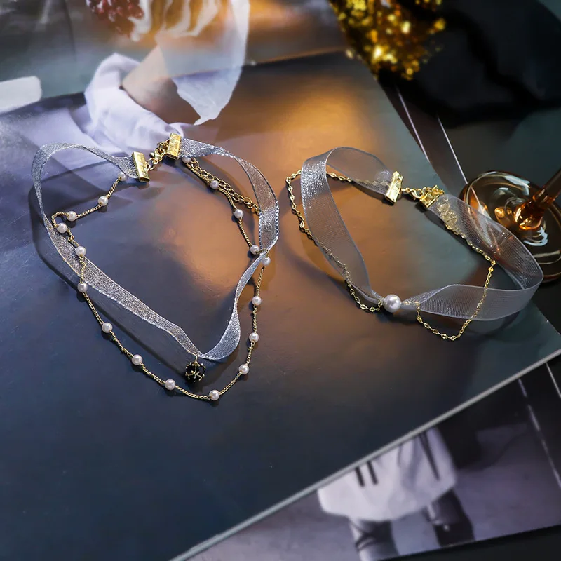 Korean Non-Mainstream Design Lace Mesh Pearl Double Collar Star Immortal Hollow Necklace Female Clavicle Chain | Украшения и