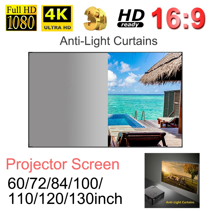 60 72 84 90 100 110 120 130 дюймовый экран проектора 16:9 4K 3D HD портативный домашний кинотеатр