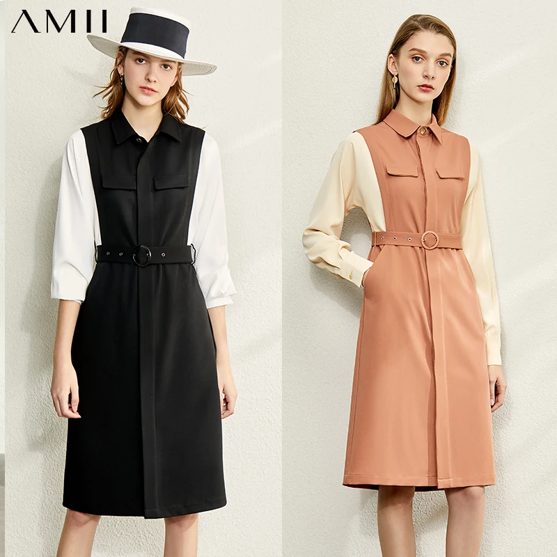 

AMII Minimalism Autumn Fashion Spliced Women Dress Causal Lapel Full Sleeve High Waist Knee-length Female Dress 12030084