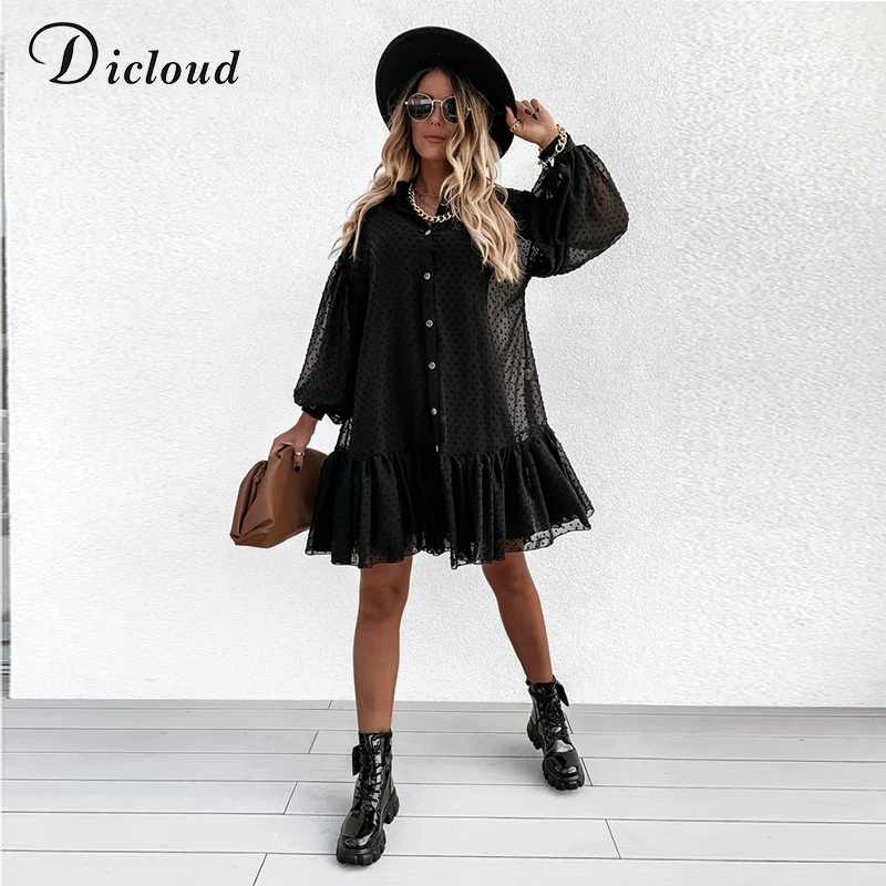 DICLOUD Elegant Black Dot Party Dresses Women Petticoat Long Sleeve Ruffle Ladies Mini Day Dress Female White Wedding Clothes