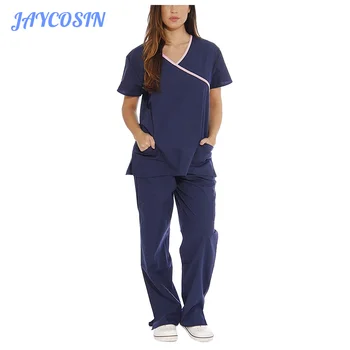 

JAYCOSIN Women Set Clothing 2 Piece Set Sexy V-Neck Short Sleeve T-shirt And Solid Pants Women Suit Nursing Working Uniform Set