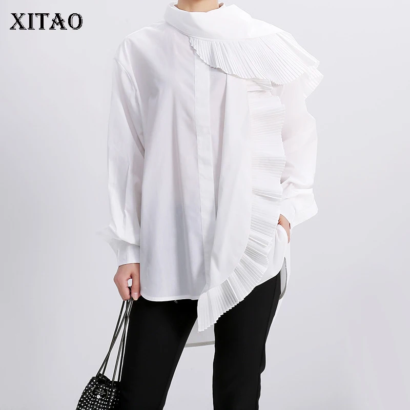 XITAO Элегантная Лоскутная рубашка с рюшами, стоячий воротник, блузка с длинными рукавами, женская блузка, осенняя новинка, Топ для женщин, WQR1591