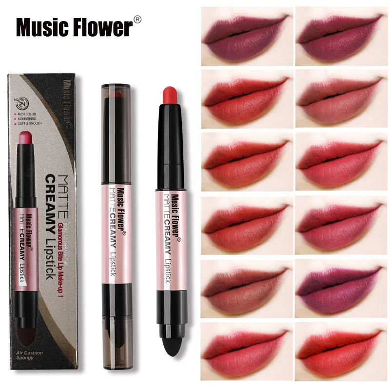 Music Flower 12 Colors Velvet Matte Lipstick with Sponge Waterproof Long-lasting Lip Stick Makeup Rouge Batom Moisturizing Lips |