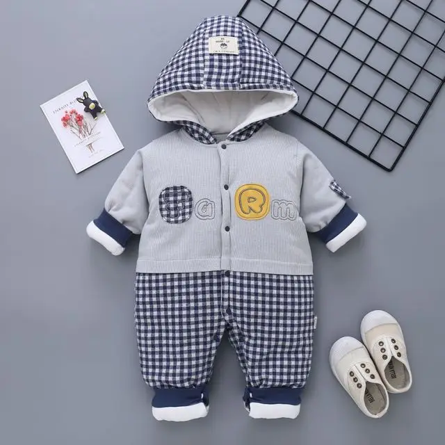 Plaid Blue Коллекция года, детские комбинезоны с капюшоном для новорожденных, осенне-зимняя плотная верхняя одежда для маленьких мальчиков и девочек Весенняя хлопковая одежда с длинными рукавами для детей от 0 до 12 месяцев - Цвет: Plaid Blue