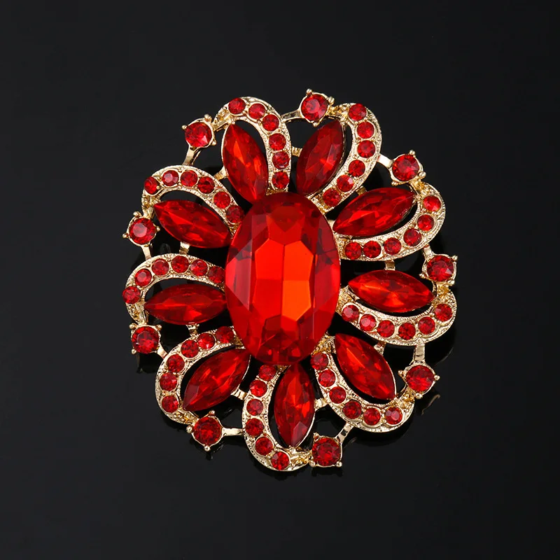 Винтажная Хрустальная брошь из сплава в виде цветка для женщин, свадебные булавки со стразами, аксессуары для ювелирных изделий, подарок на день рождения, брошь 20BC0001 - Окраска металла: gold red