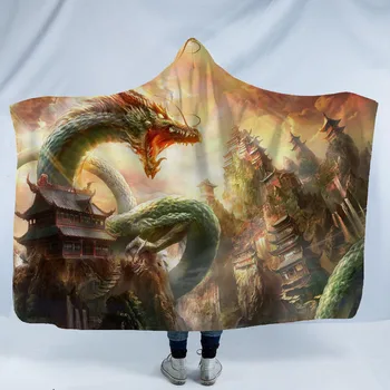 

Firing Dragon Pattern 3D Printed Plush Hooded Blanket For Adult Kid Warm Portable Fleece On Bed Home TextileDropship