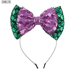 Double Layer Big Sequin Bow Mermaid Headband For Girls Glitter Metallic Style Headwear Kids Festival Hairband Hair Accessories