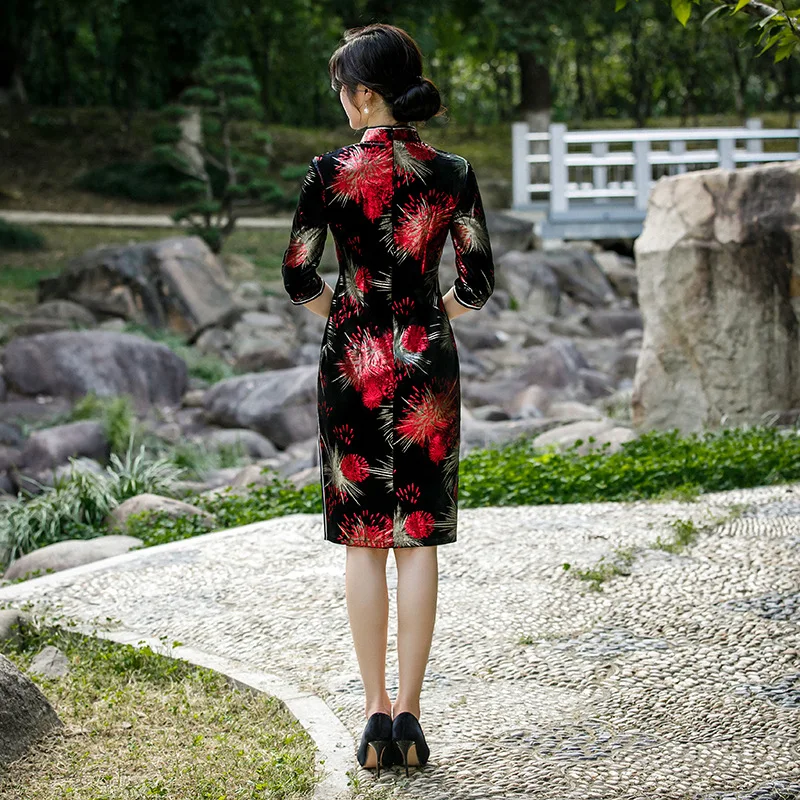 Осеннее велюровое платье Cheongsam Размер Elegant элегантное тонкое платье Vestidos винтажное женское платье Ципао в китайском стиле