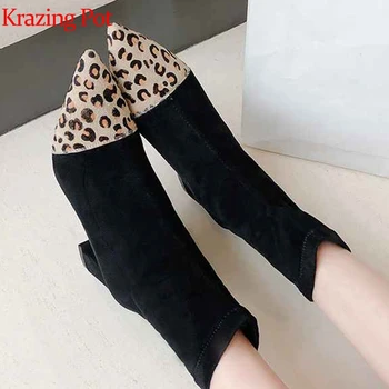 

Krazing pot pointed toe mixed color leopard prints high heel stretch flock material leisure easy to walk beauty ankle boots L09