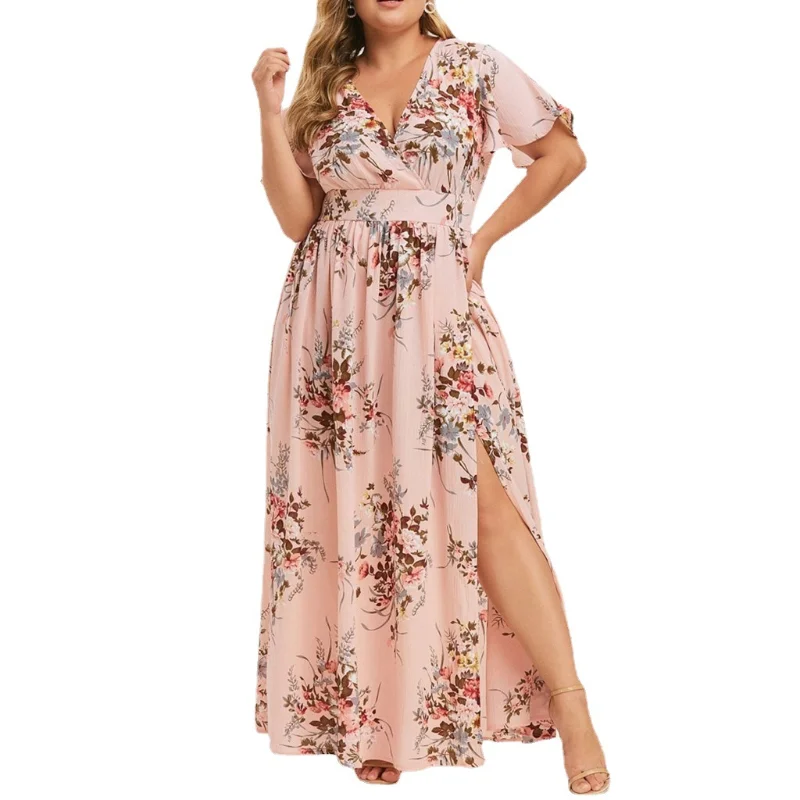 

Spring 2021 Summer plus Size Women's Clothes Fat Sister Waist Trimming Printing Slit Hemline at Hem Dress