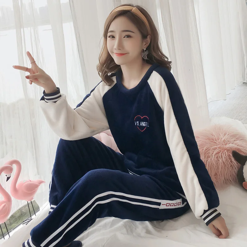 Casual Striped Thick Warm Flannel Pajamas Sets For Women Winter Long Sleeve Coral Velvet Pyjama Sleepwear Homewear Clothing