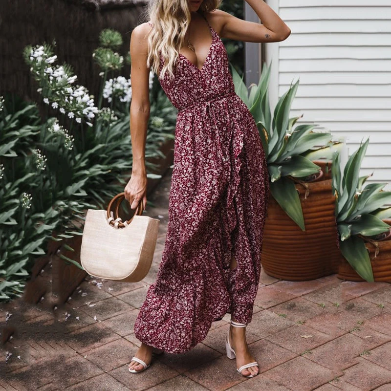 Женское летнее платье с цветочным принтом Boho облегающее длинное макси v образным