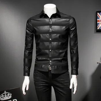 

Black Striped Men Shirt Long Sleeve Shirts Fashion Casual Slim Fit Dress Shirts Social Clothes