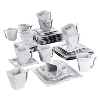 

MALACASA FLORA 18/36-Piece Marble Grey Porcelain Afternoon Tea Coffee Cup and Saucer Set with 6*Cups&Saucers,Dessert Plates