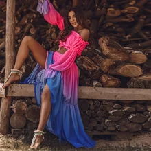 

Women Suit Vintage Colorful Print Two Piece Set Lady Elegant Outfiit Autumn Chic Sexy Off Shoulder Ruffle Blouse&Slit Long Skirt