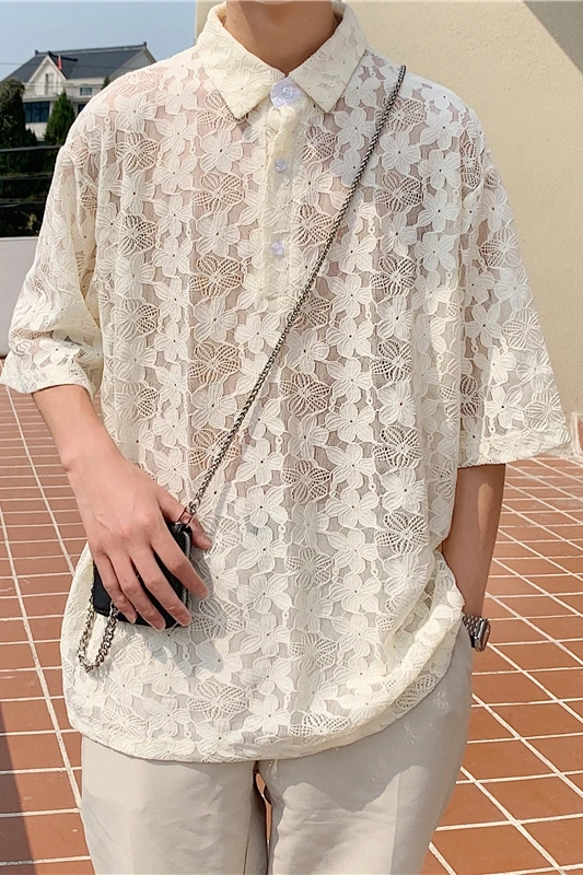 Lace Flowers Shirts Mens Loose 