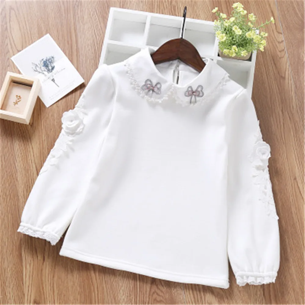 Kids Shirts White Blouse Teenage Shirts Autumn Winter Girls Tops And Blouses School Girl Lace Long Sleeve Shirt