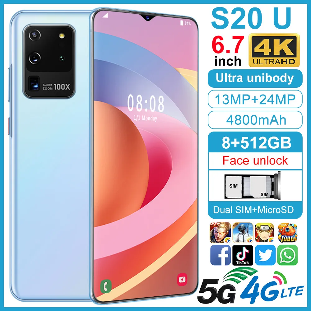 Smartphone S20U phones MTK6799 Deca core 6.7inch HD Mobile phone 1440*3040 Unlocked smartphone 8GB+512GB Camera 13MP+24MP